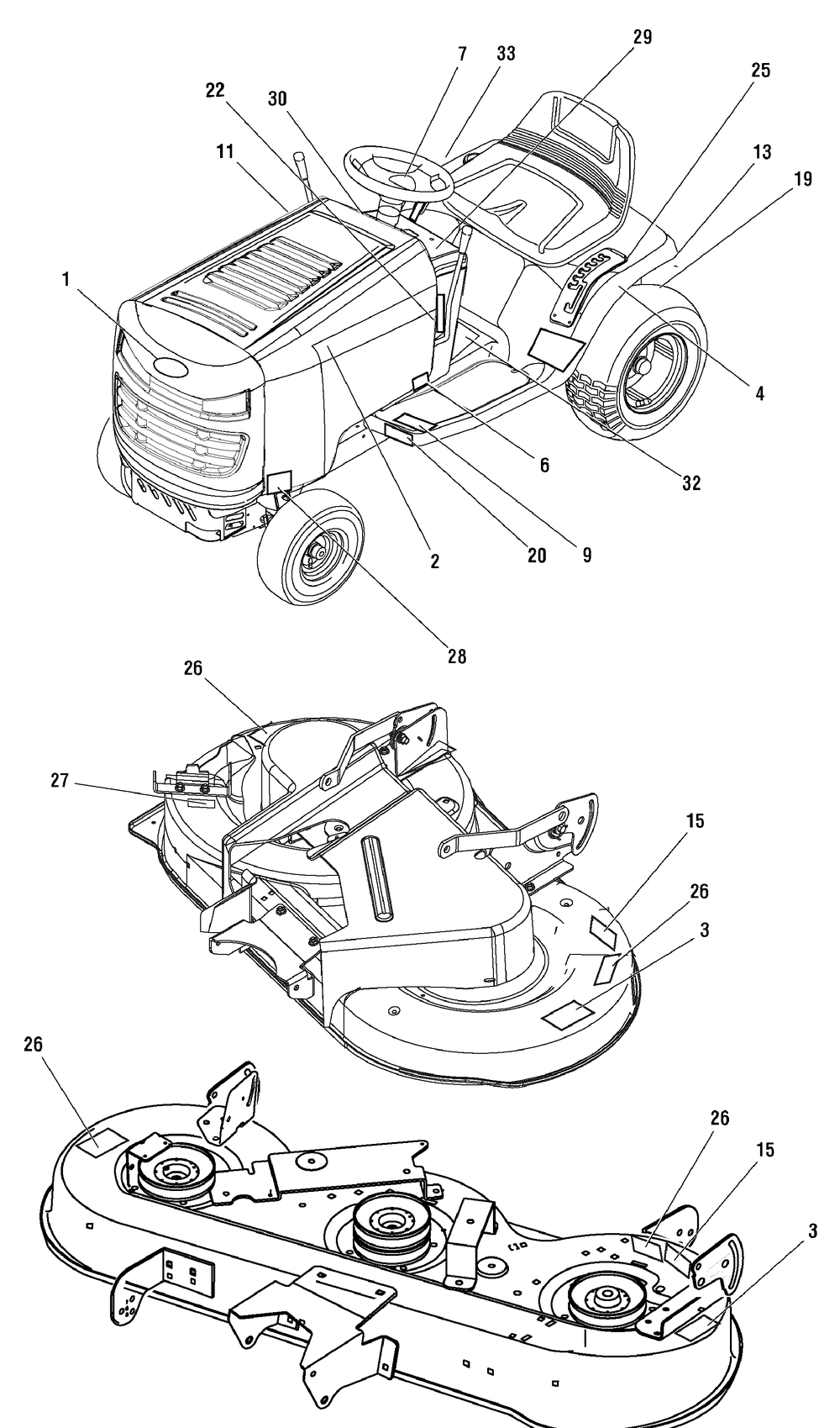 Decal Group (7501366_7501368_7501370) Diagram and Parts List for 7800497-EBL155420H 2009 Briggs and Stratton Lawn Tractor